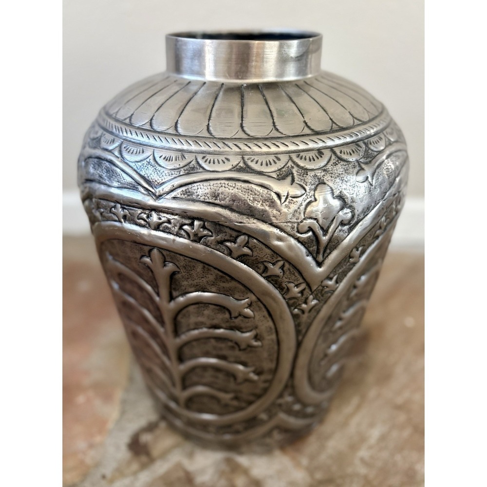 Vintage Metal Repousse Mantle Vase Repousse Relief Hand Hammered Design 15"x 11"